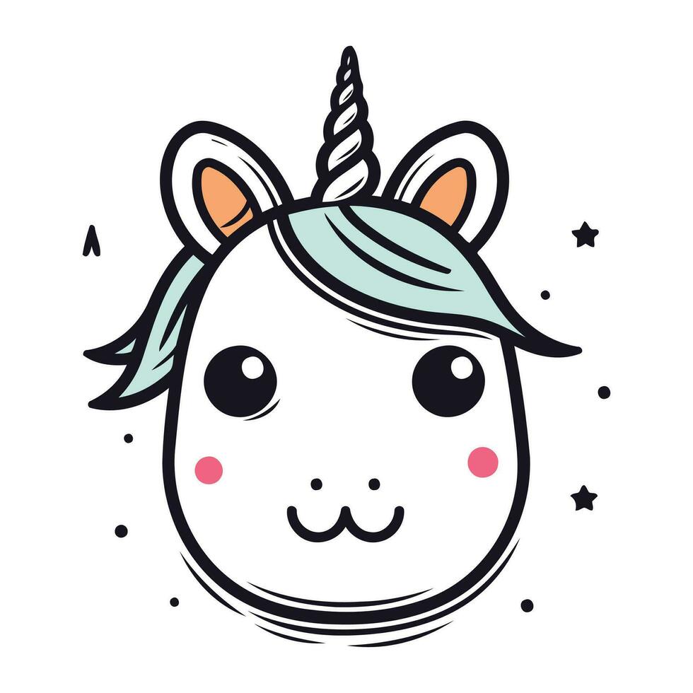 Cute cartoon unicorn head. Vector illustration isolated on white background.