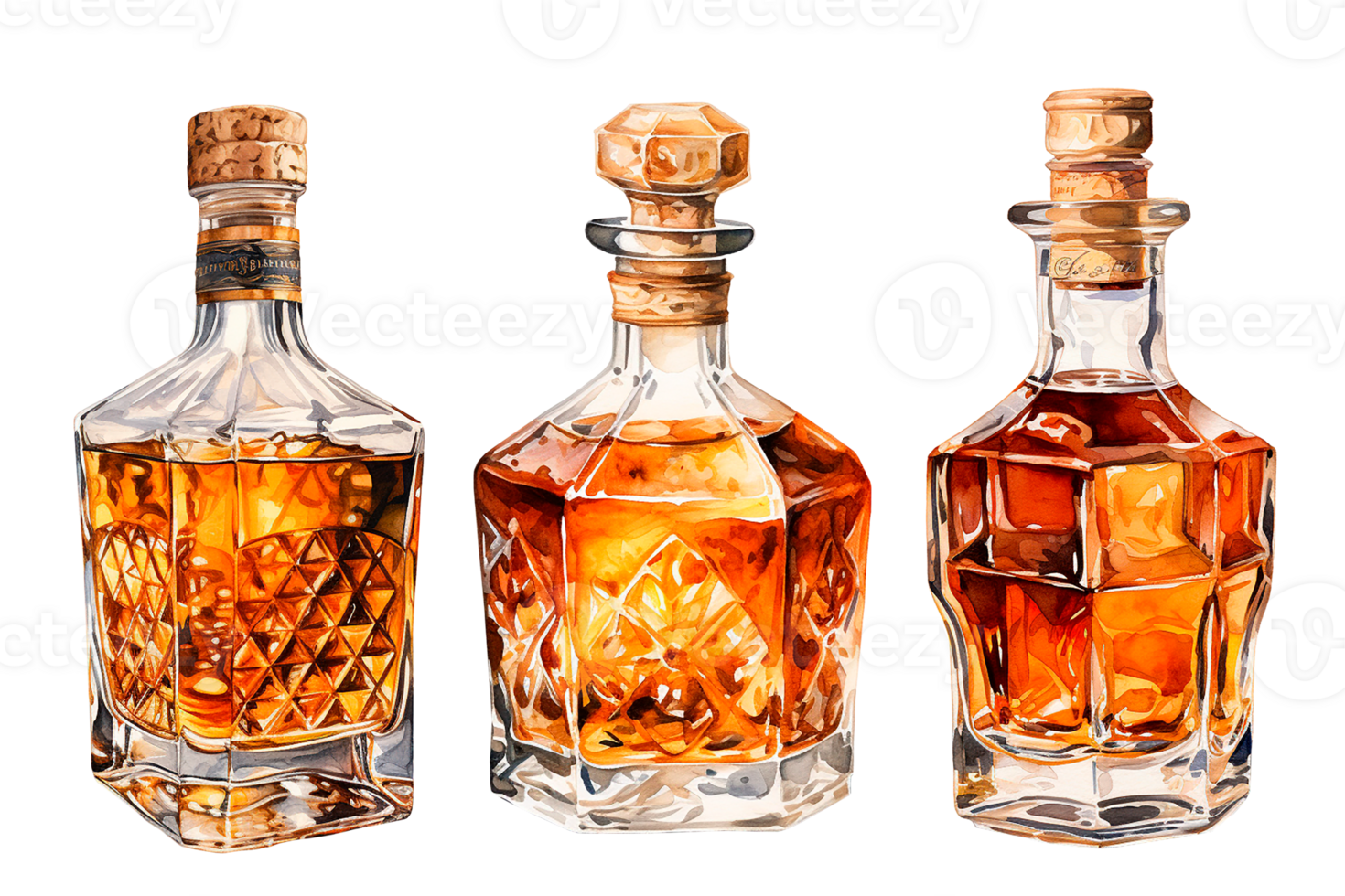 set of bottle with whiskey, cognac. vintage watercolor illustration with alcohol png