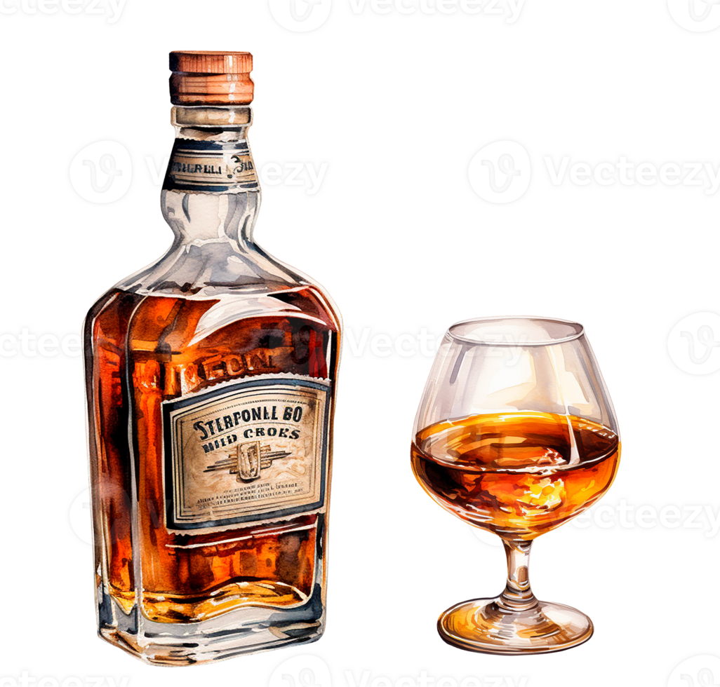 reeks van fles met whisky, cognac. wijnoogst waterverf illustratie met alcohol png