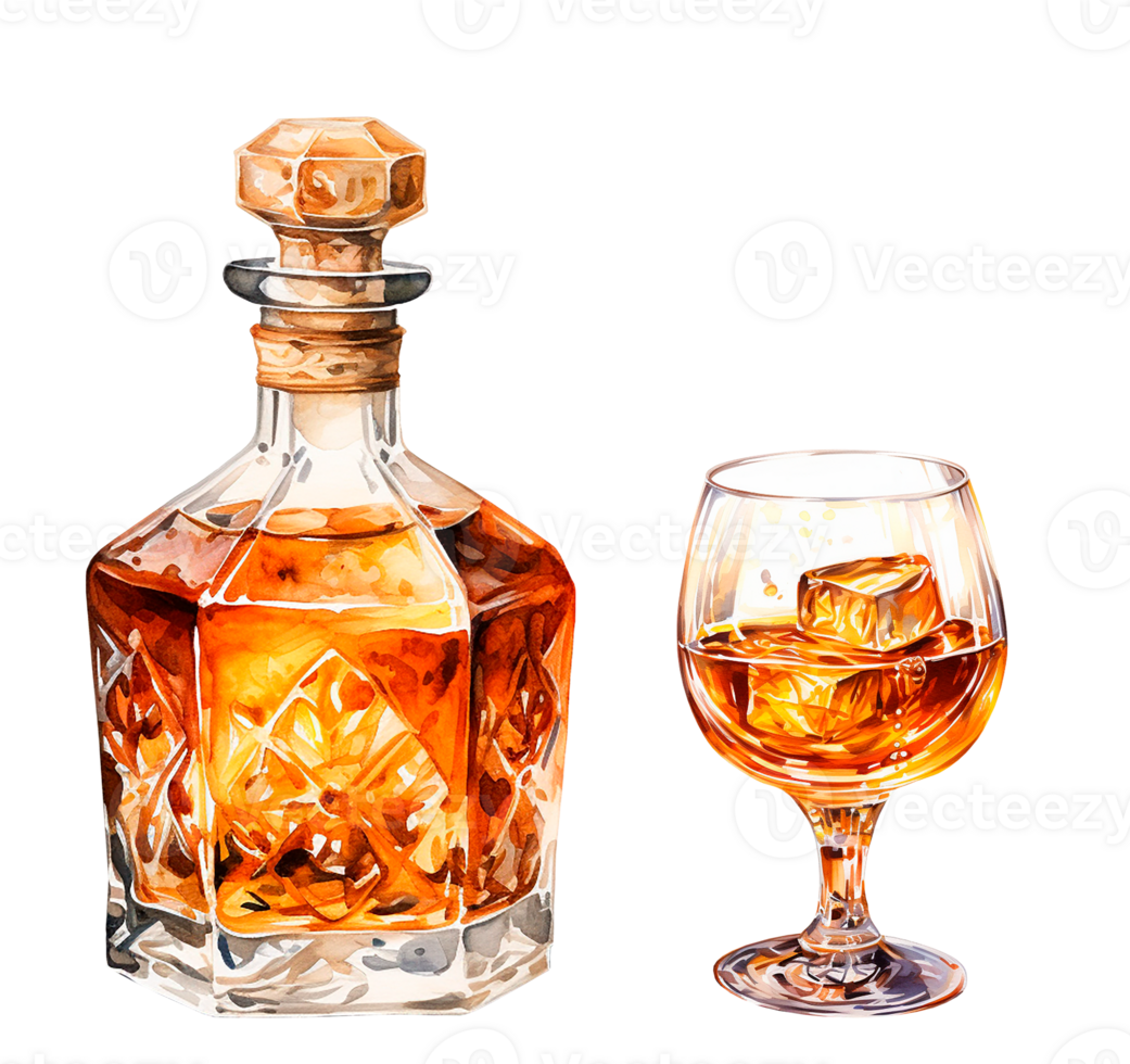 reeks van fles met whisky, cognac. wijnoogst waterverf illustratie met alcohol png