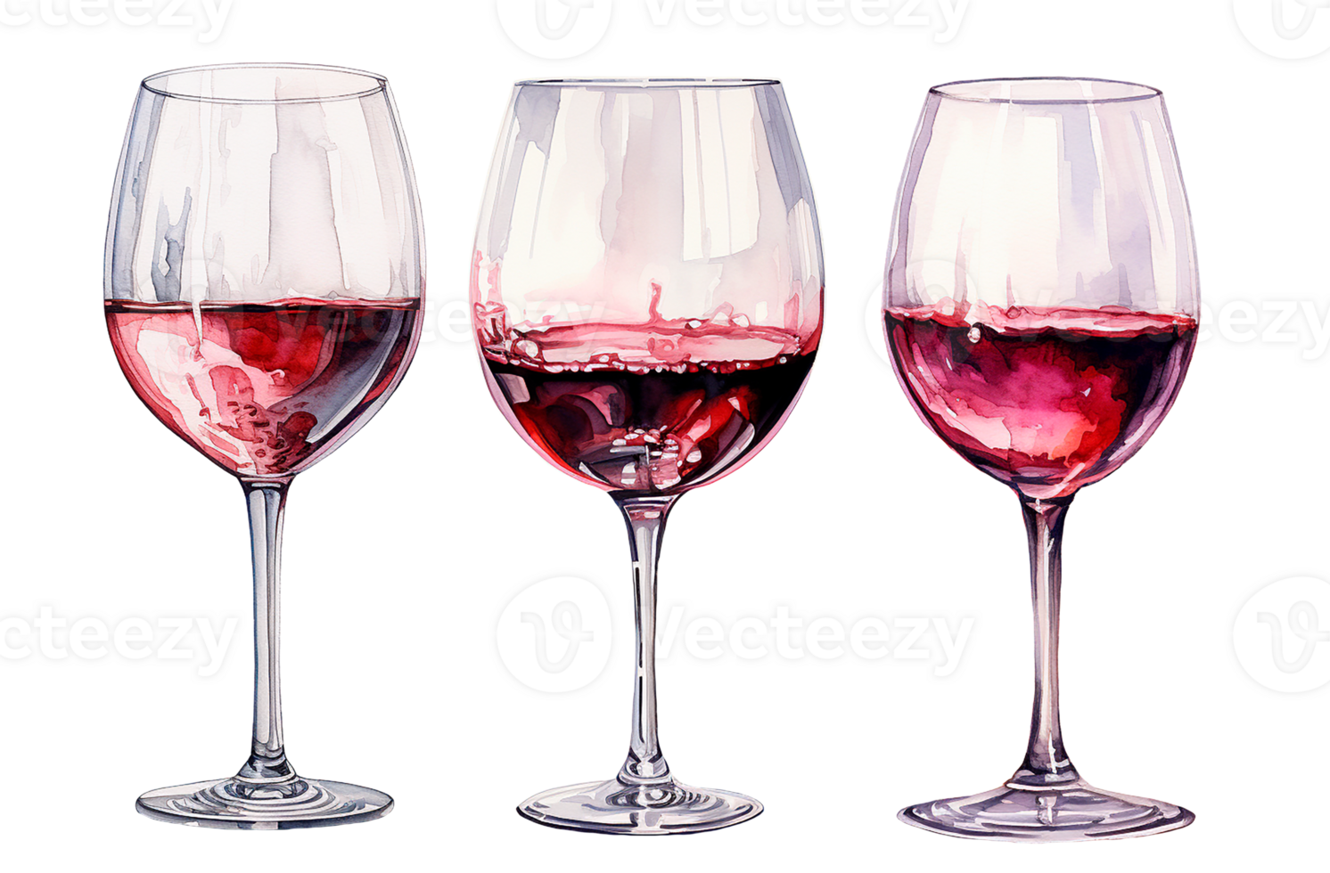 set of glasses with red wine. vintage watercolor illustration with alcohol png