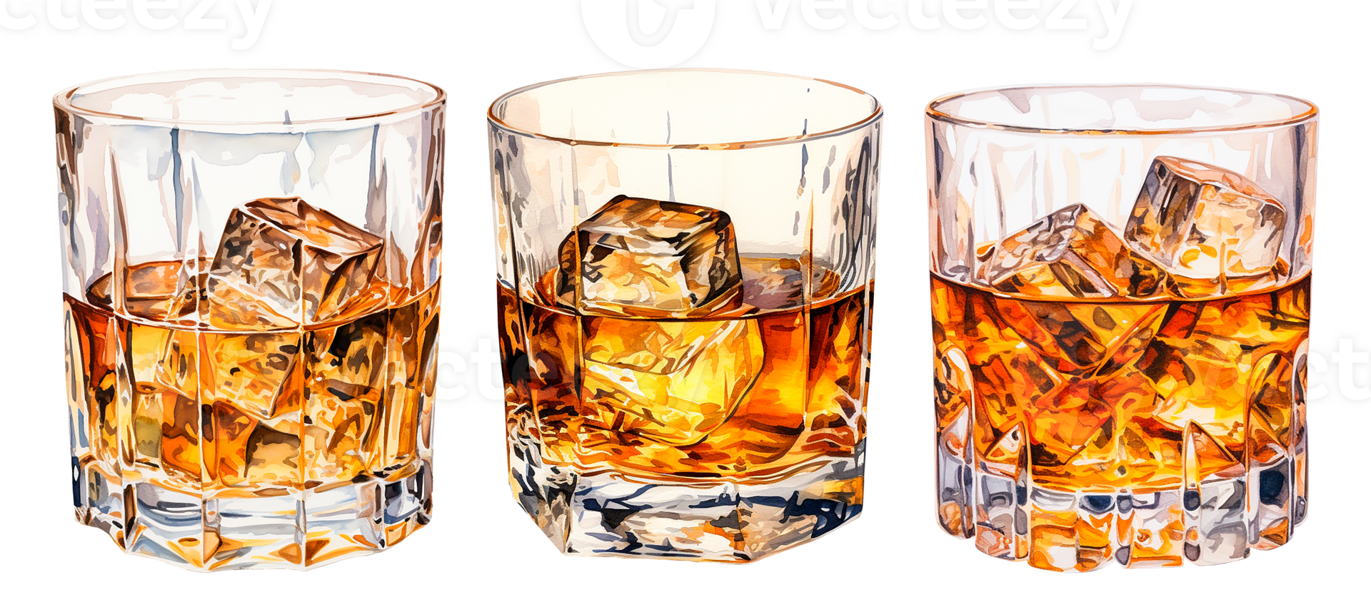 set of glass with whiskey, cognac. vintage watercolor illustration with alcohol png
