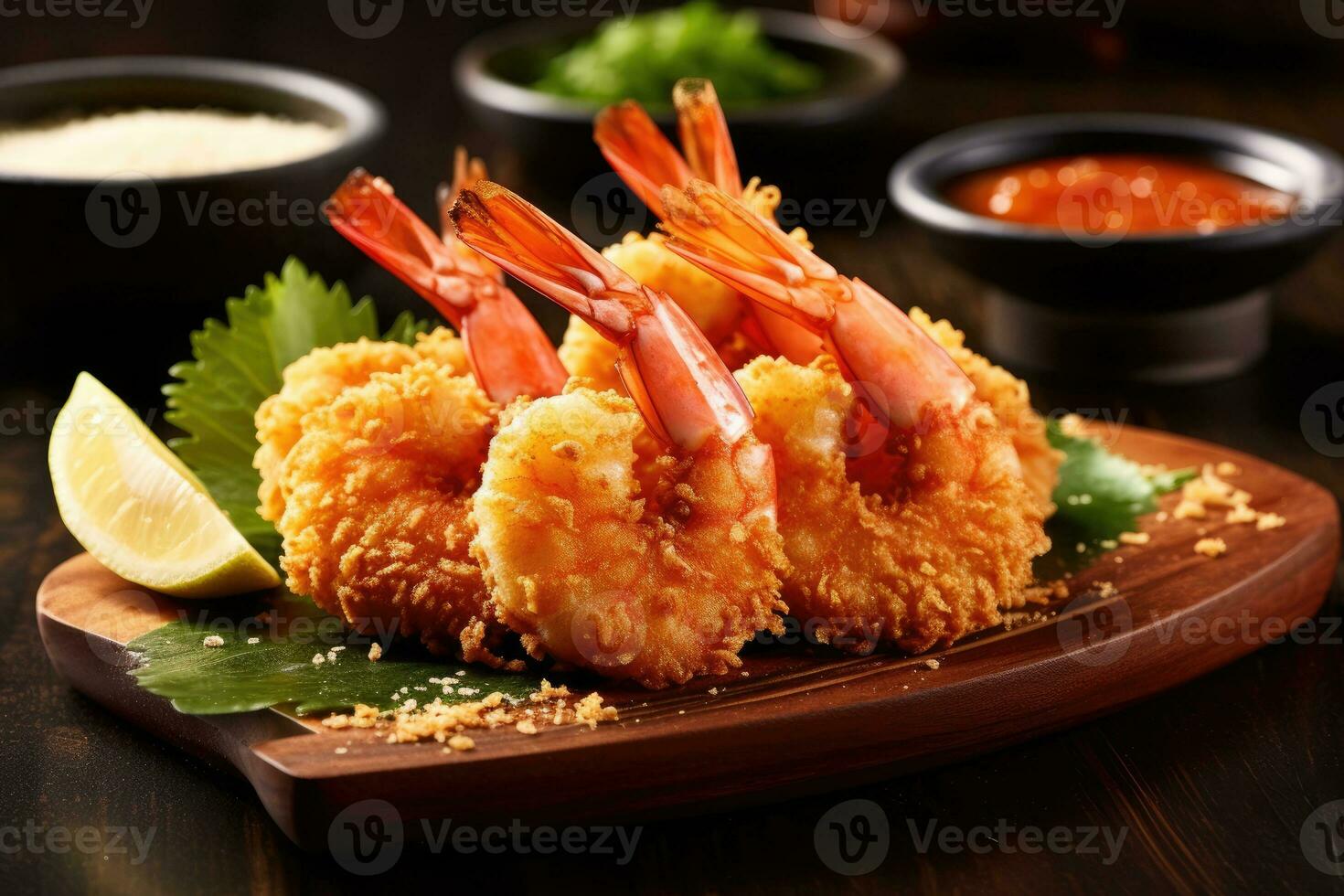Floured fried shrimp ready to serve in the kitchen table AI Generated photo