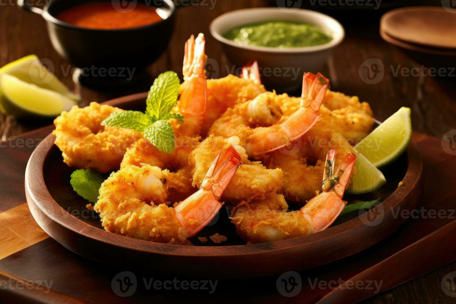 Floured fried shrimp ready to serve in the kitchen table AI Generated photo