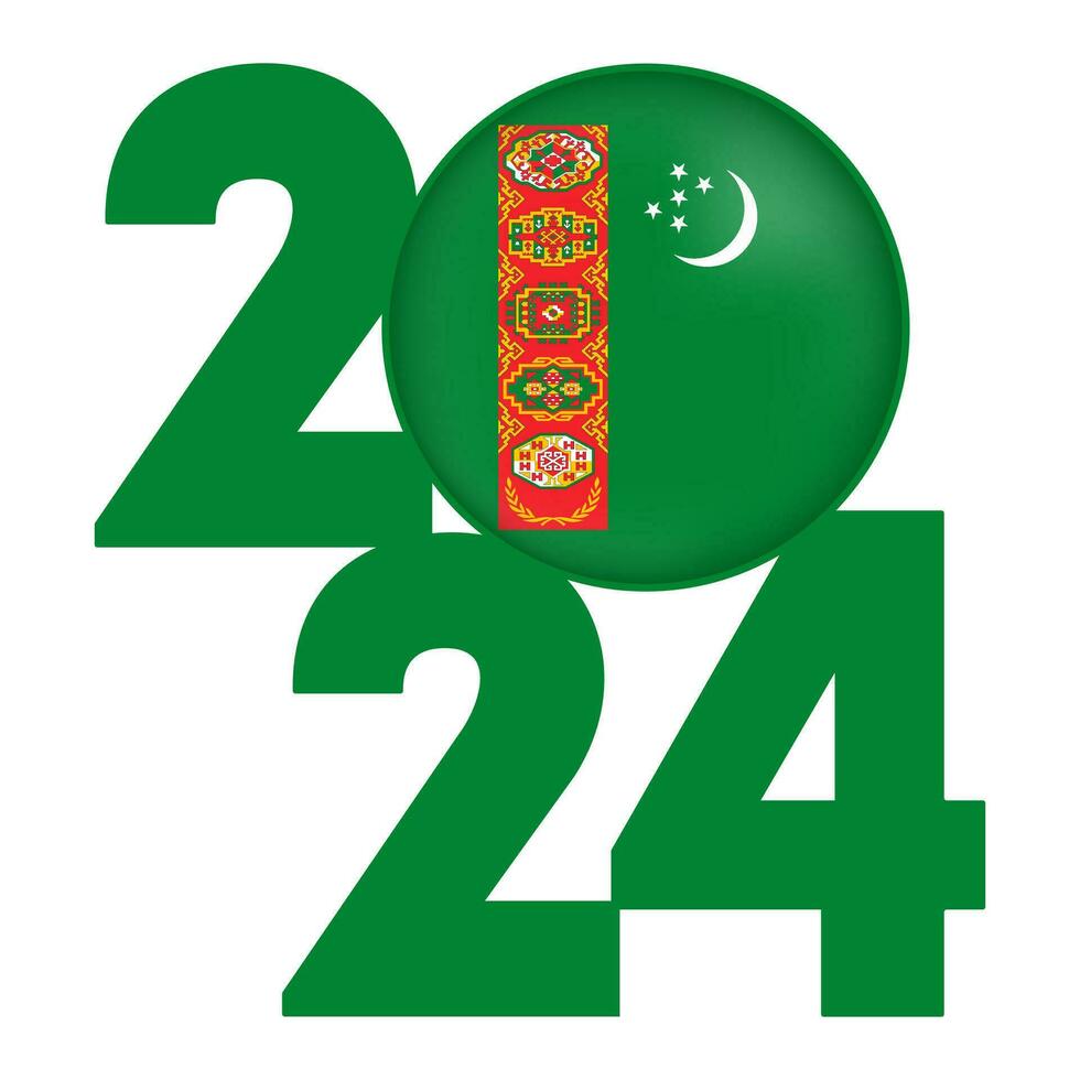 contento nuevo año 2024 bandera con Turkmenistán bandera adentro. vector ilustración.