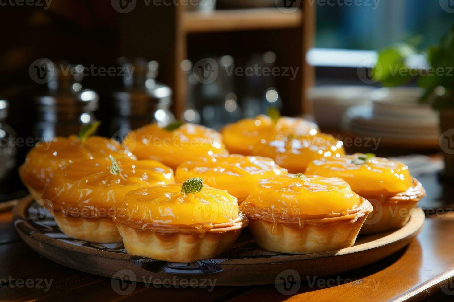 photos of tarts in indoor kitchen table photo studio AI Generated