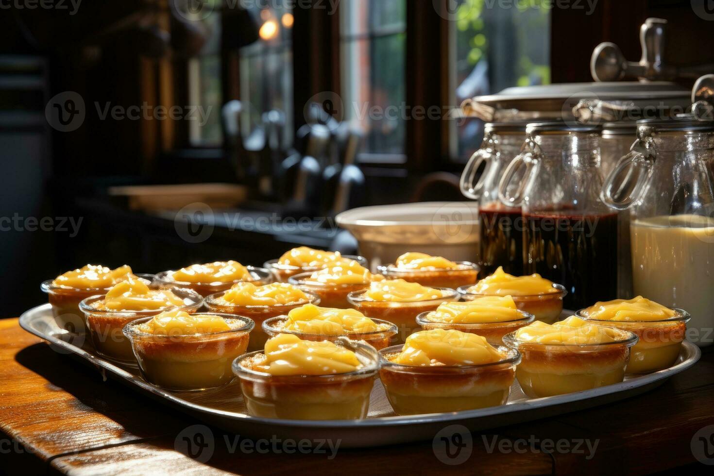 photos of tarts in indoor kitchen table photo studio AI Generated