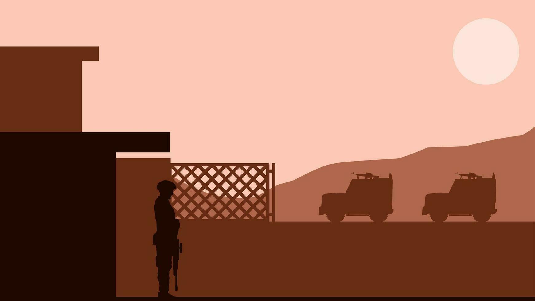 Military base landscape vector illustration. Silhouette of soldier at military base with watchtower. Military landscape for background, wallpaper or landing page