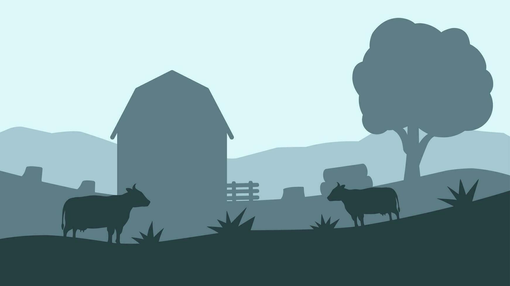 Countryside landscape vector illustration. Farm silhouette landscape with livestock, farmhouse and cow. Rural scenery silhouette for background, wallpaper or landing page