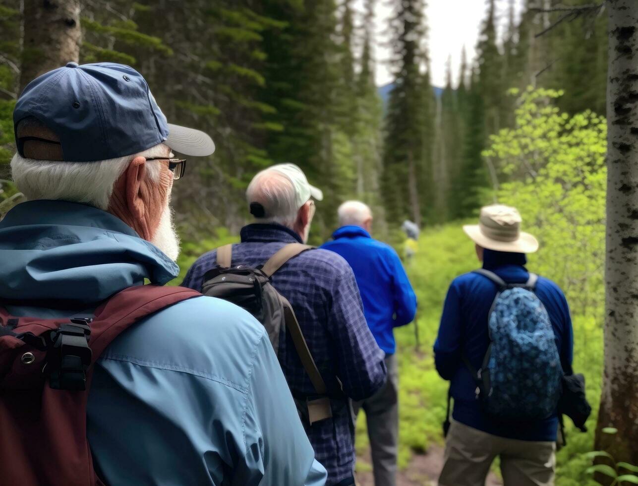 ver desde detrás, un grupo de cuatro jubilados en su tarde 60s y temprano 70s son excursionismo mediante un escénico montaña camino. gratis hora y libertad en naturaleza, mayor sano estilo de vida concepto. generativo ai foto