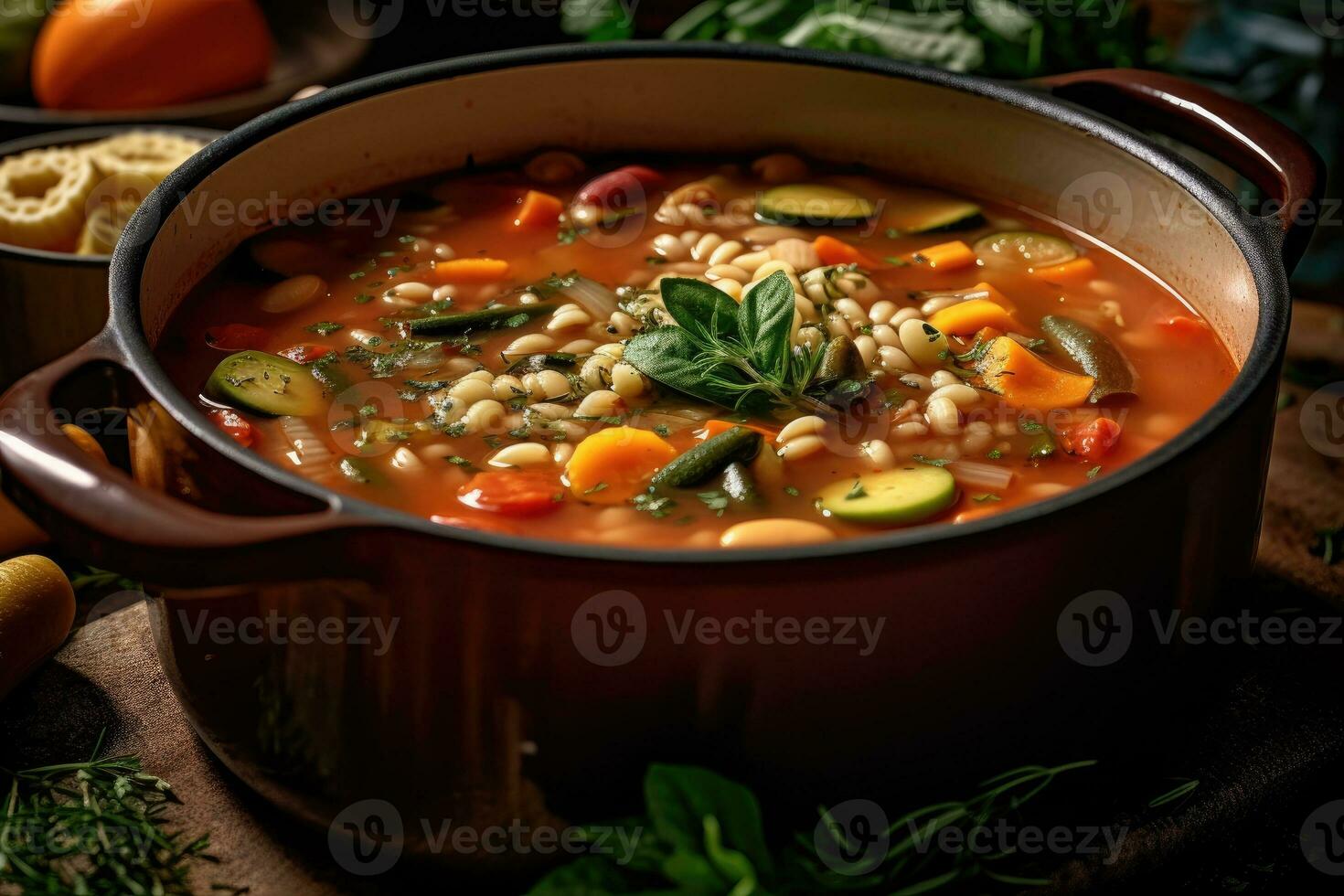 photos of vegetarian minestrone in indoor kitchen table photo studio AI Generated
