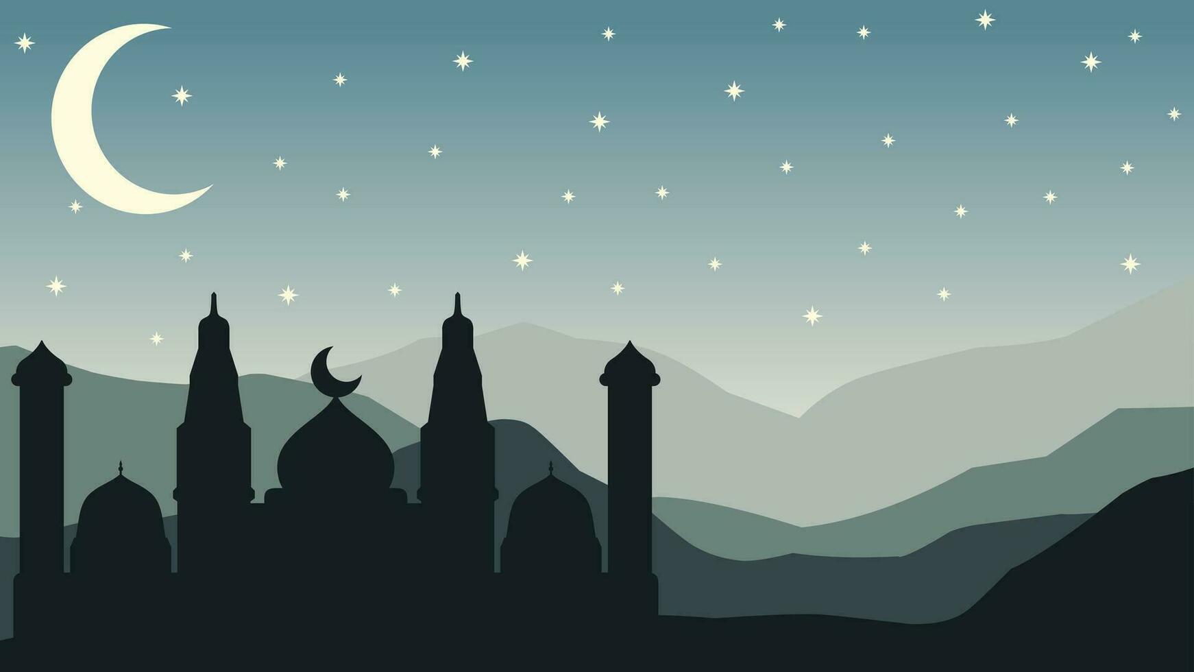 mezquita silueta paisaje vector ilustración. paisaje Ramadán diseño gráfico en musulmán cultura y islam religión. antecedentes de mezquita en el noche para islámico fondo de pantalla diseño