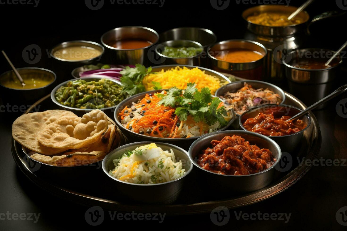 photos of vegetarian indian thali in indoor kitchen table photo studio AI Generated