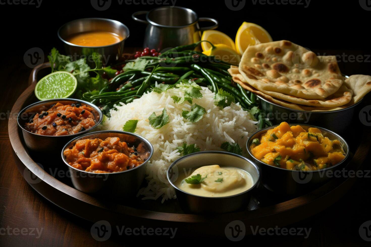 photos of vegetarian indian thali in indoor kitchen table photo studio AI Generated