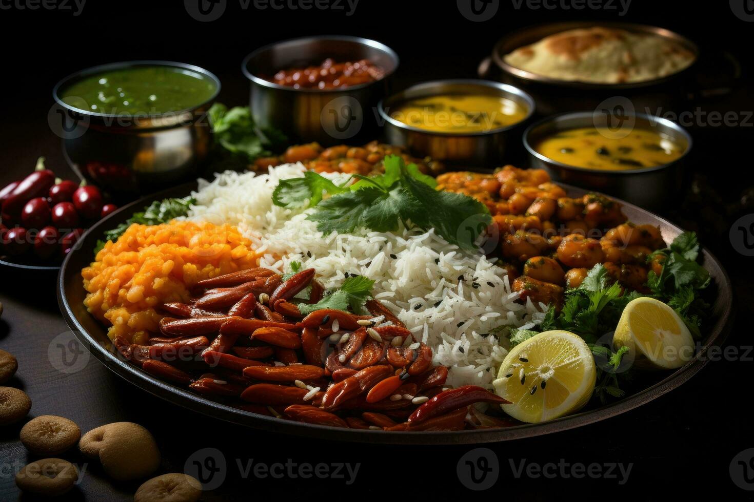 photos of vegetarian indian thali in indoor kitchen table photo studio AI Generated