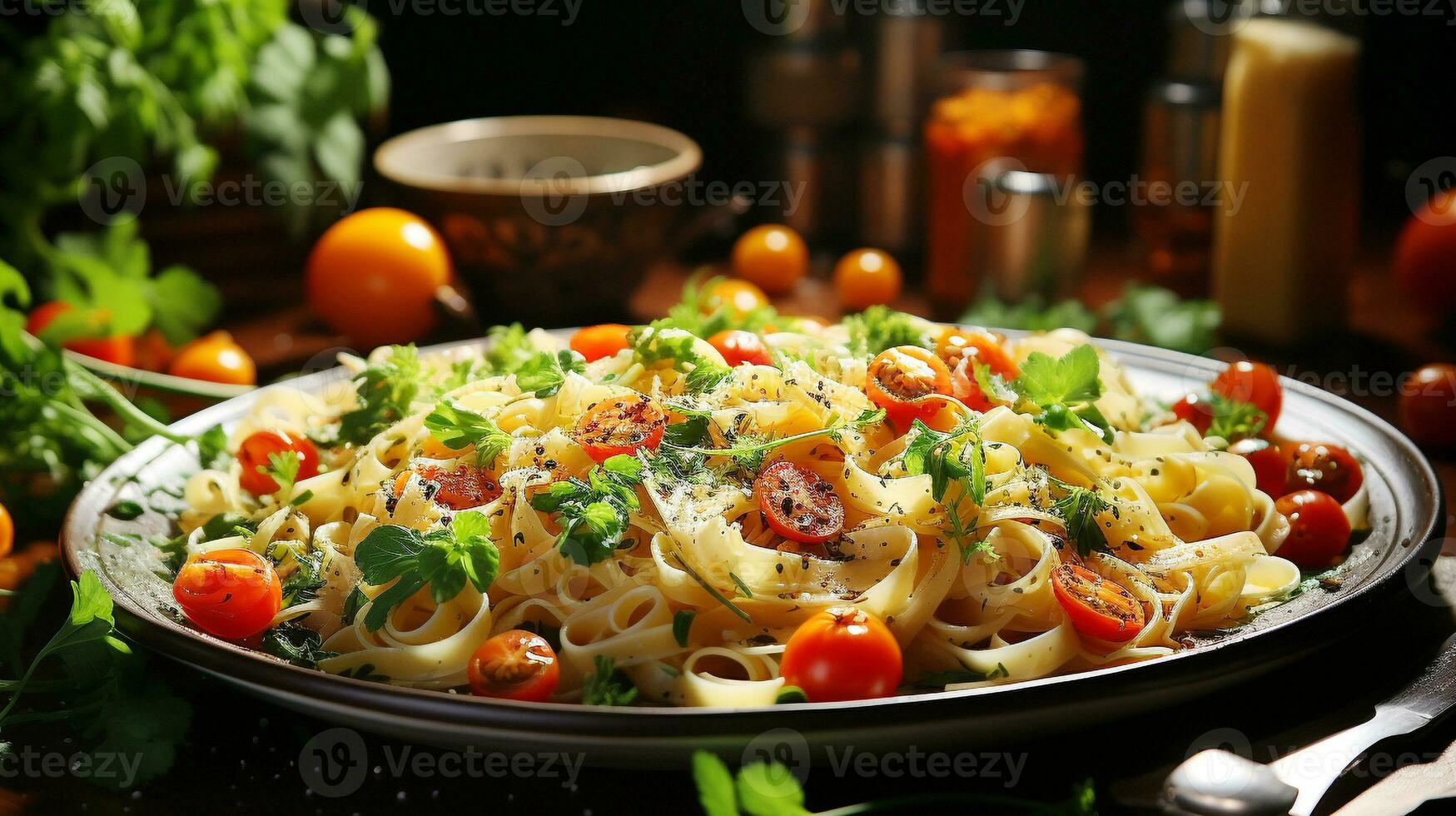 Healthy vegetarian pasta meal with fresh tomato and herb sauce AI Generative photo
