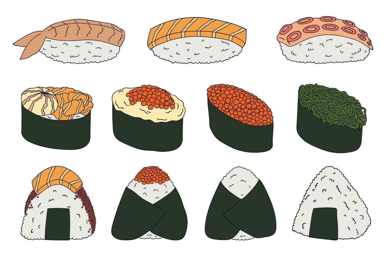 Hand drawn sushi and onigiri. Japanese traditional cuisine dishes. Asian food clipart set vector