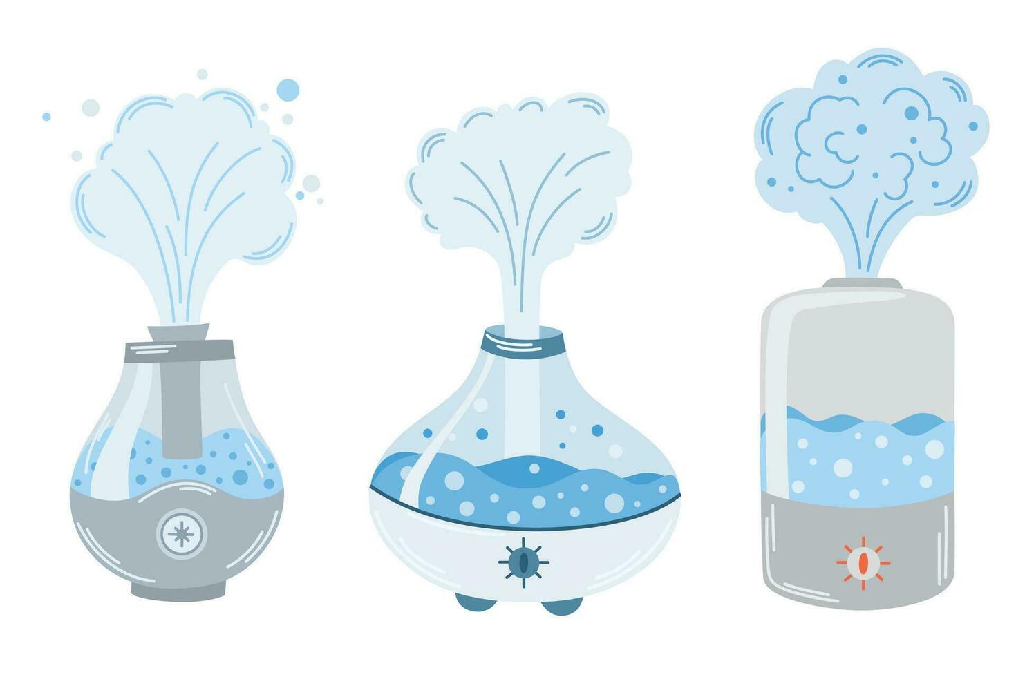 Air humidifier. Various Devices for cleaning and humidifying air for the home. Air purification process. Healthy humidity. Vector illustration in flat cartoon style.