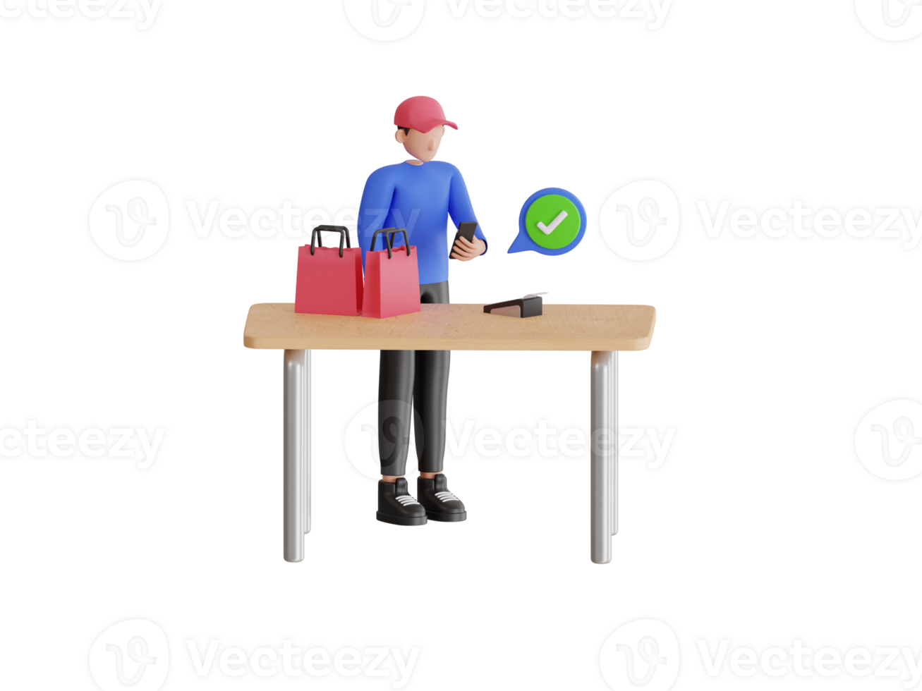 Cashless phone payment technology with pos terminal. POS terminal approved the payment by smartphone. 3d illustration png