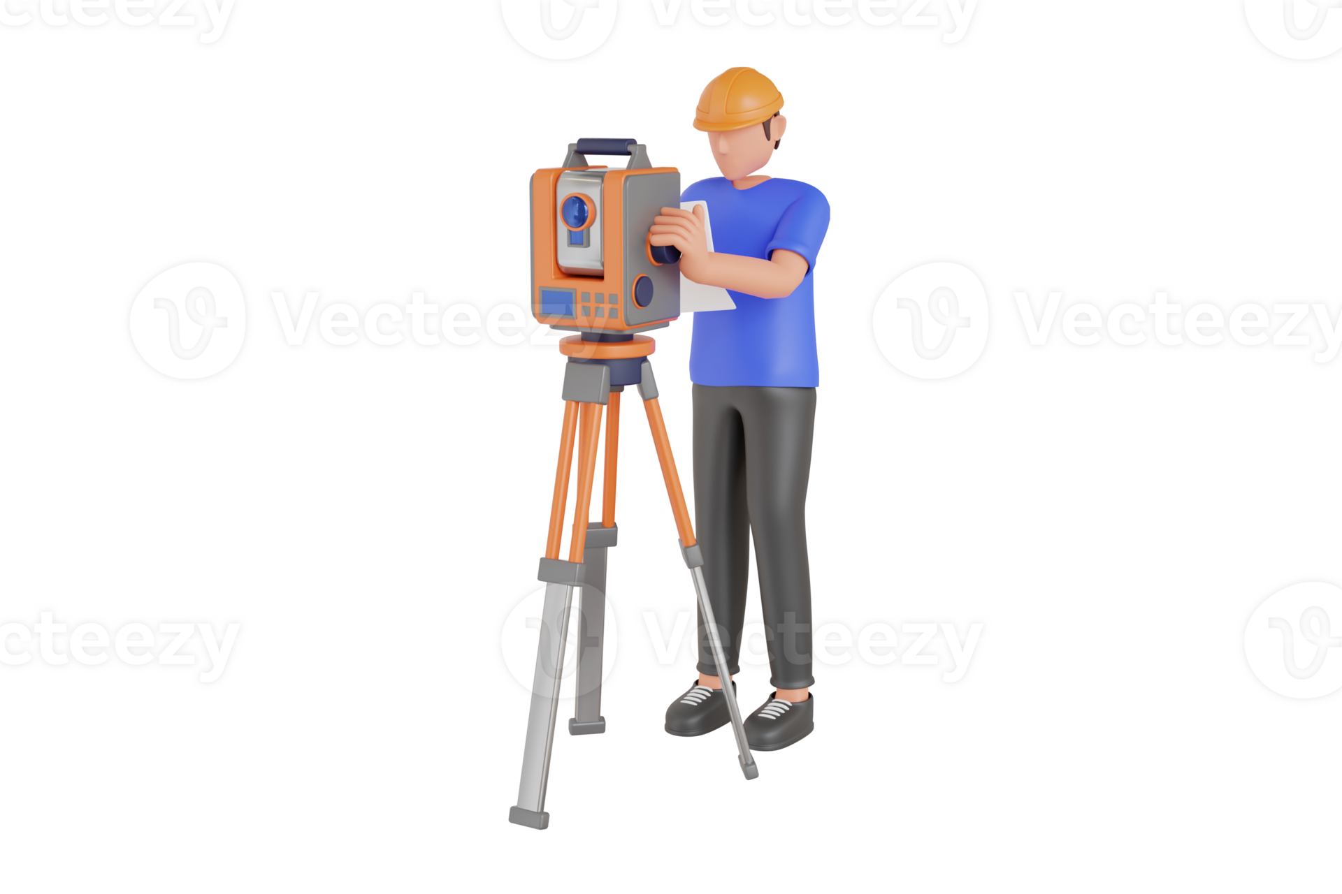 3d illustration of surveyor worker with theodolite. Engineer with