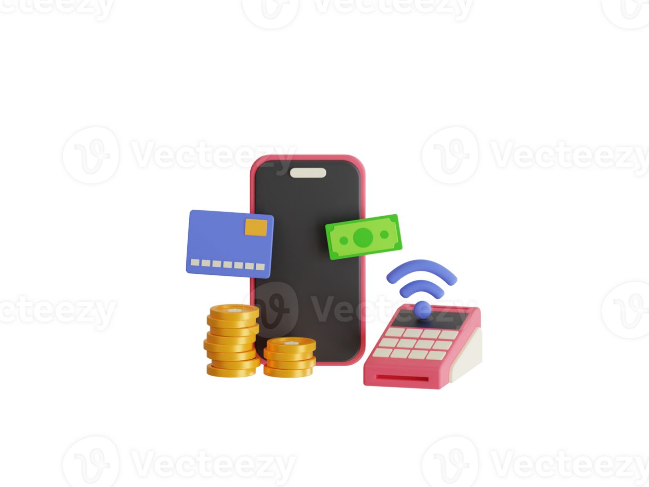 Contactless payment 3d illustration. Contactless payment via smartphone. Contactless payment using a debit card. Payment terminal png