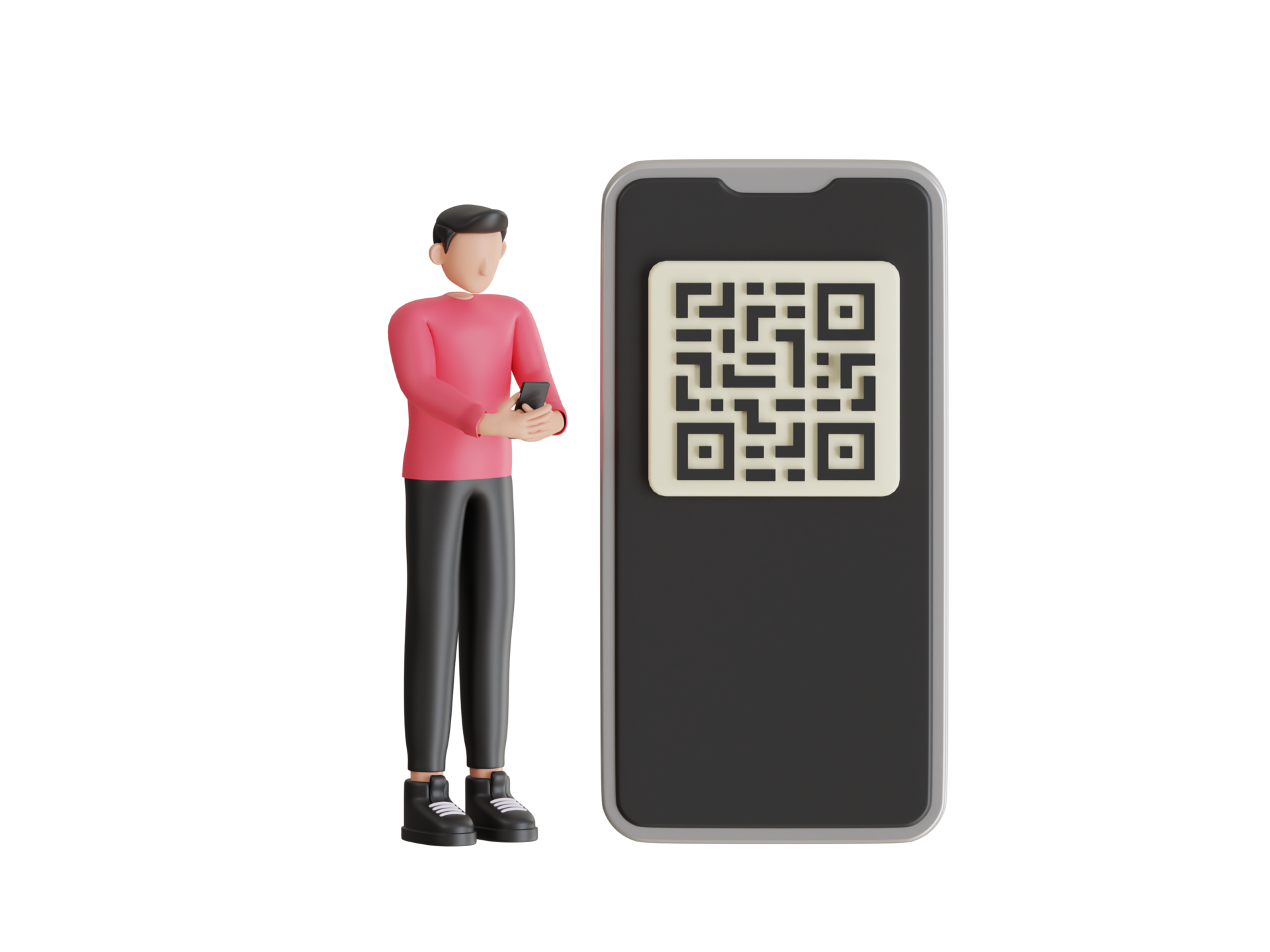 Qr code scanning 3d illustration man use smartphone and scan qr code