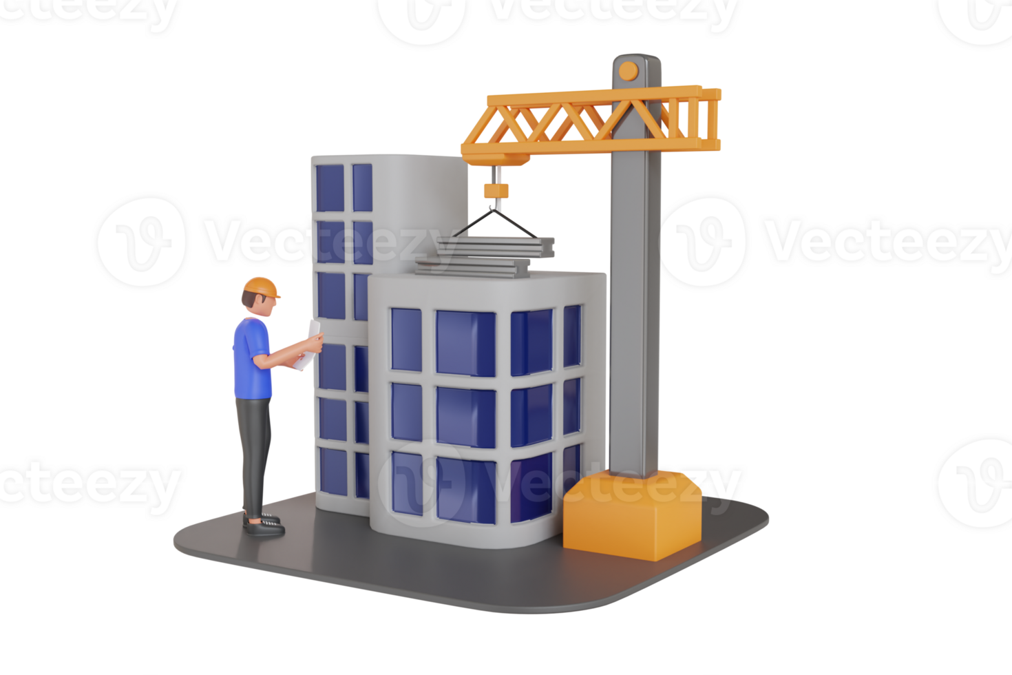 3d illustrazione di architetto guardare architettonico Piano di il progetto. contraente controllo il costruzione luogo edificio mentre Tenere planimetria png