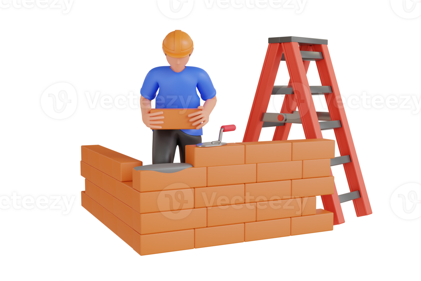 3d illustration of builder making brick wall. Builder laying bricks on construction site png