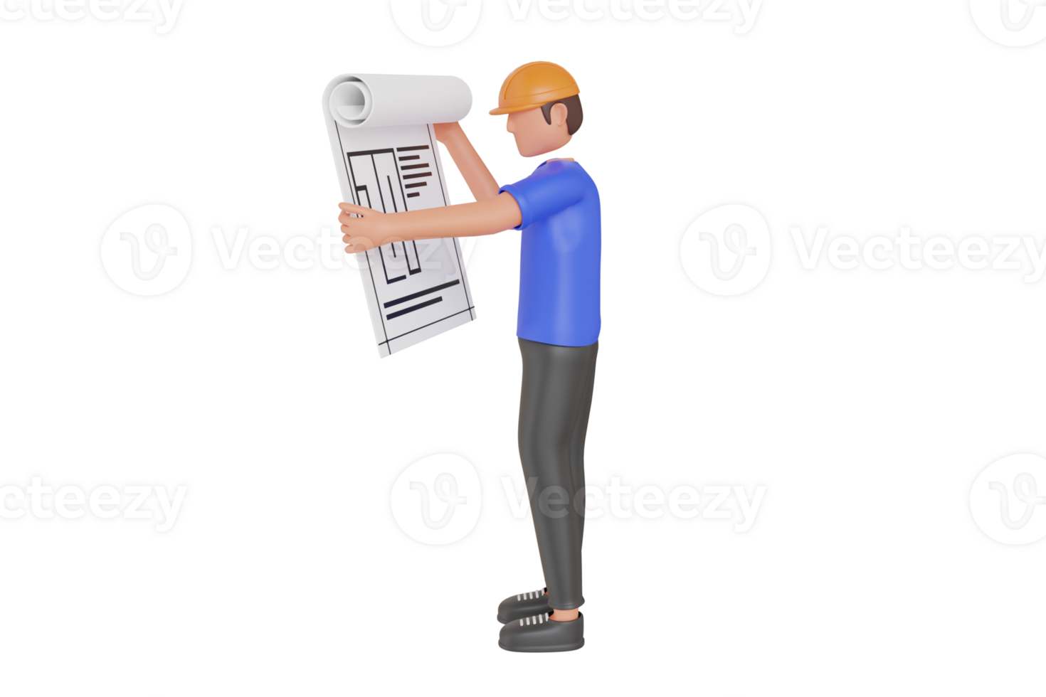 Engineer holding building plan 3d illustration. Engineer looking at building plan. 3d illustration png