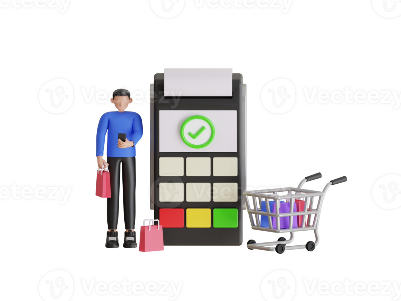 3d illustration of customer paying with smartphone at checkout. Mobile payment using NFC technology. man making contactless payment in supermarket png