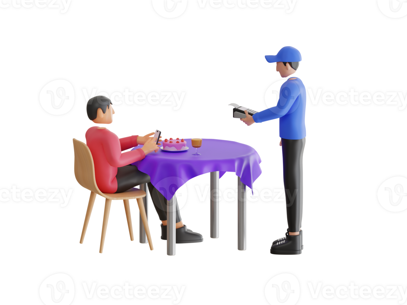 3d illustration of cashless payment by mobile phone in cafe. Buyers paying by app on smartphone in cafe, restaurant or shop png