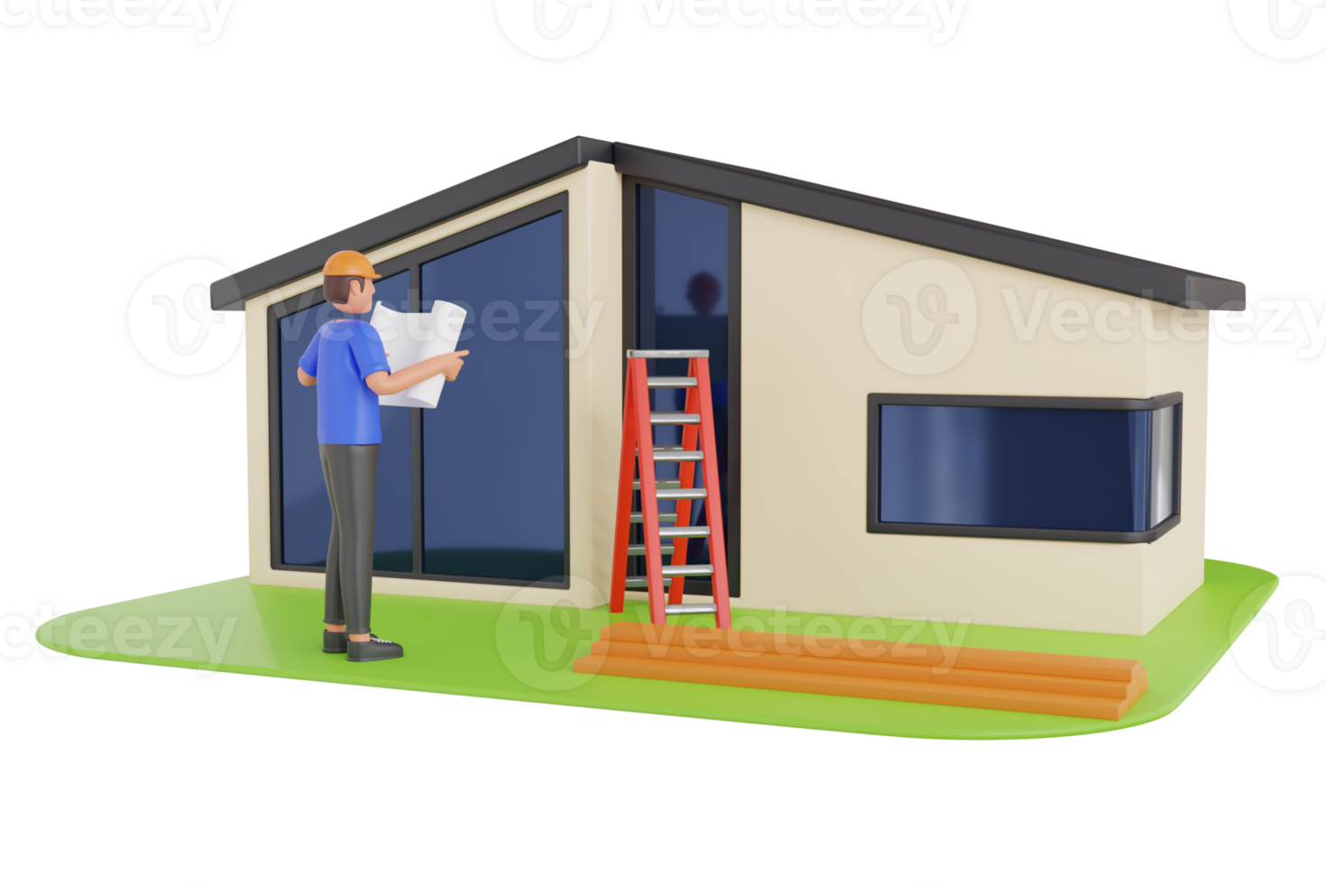 ingenieur Holding gebouw plan 3d illustratie. bouwer met huis plan illustratie png