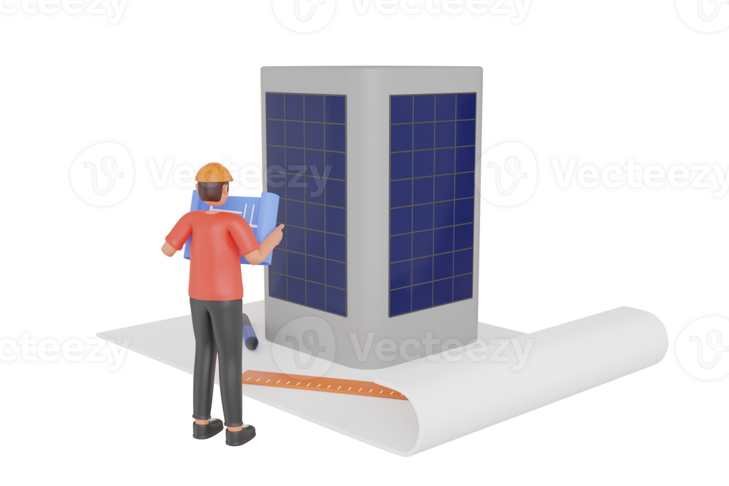 3D Illustration of Architect man holding building plan. Architect Looking Architectural Plan Of The Project. architect or civil engineer looking at project drawings png
