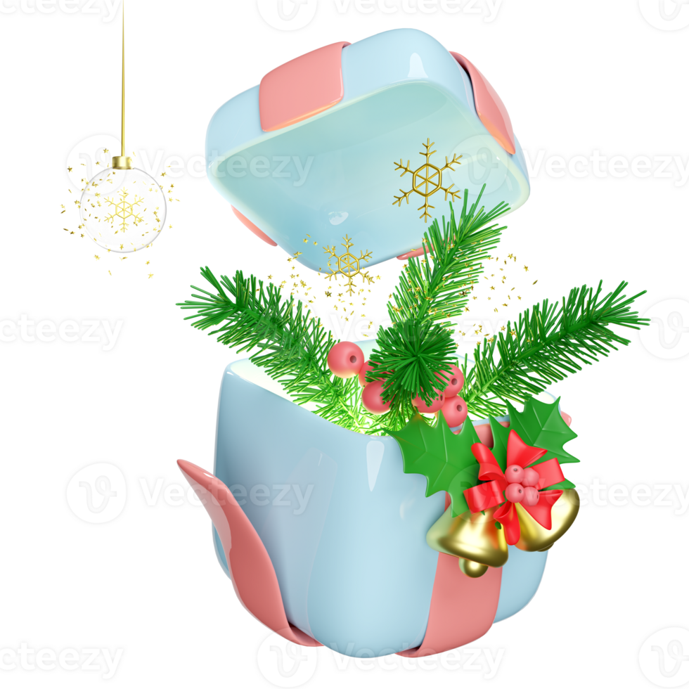 open gift box with glass transparent ball decorative, pine leaves, snowflake, Jingle bell. merry christmas and happy new year, 3d render illustration png