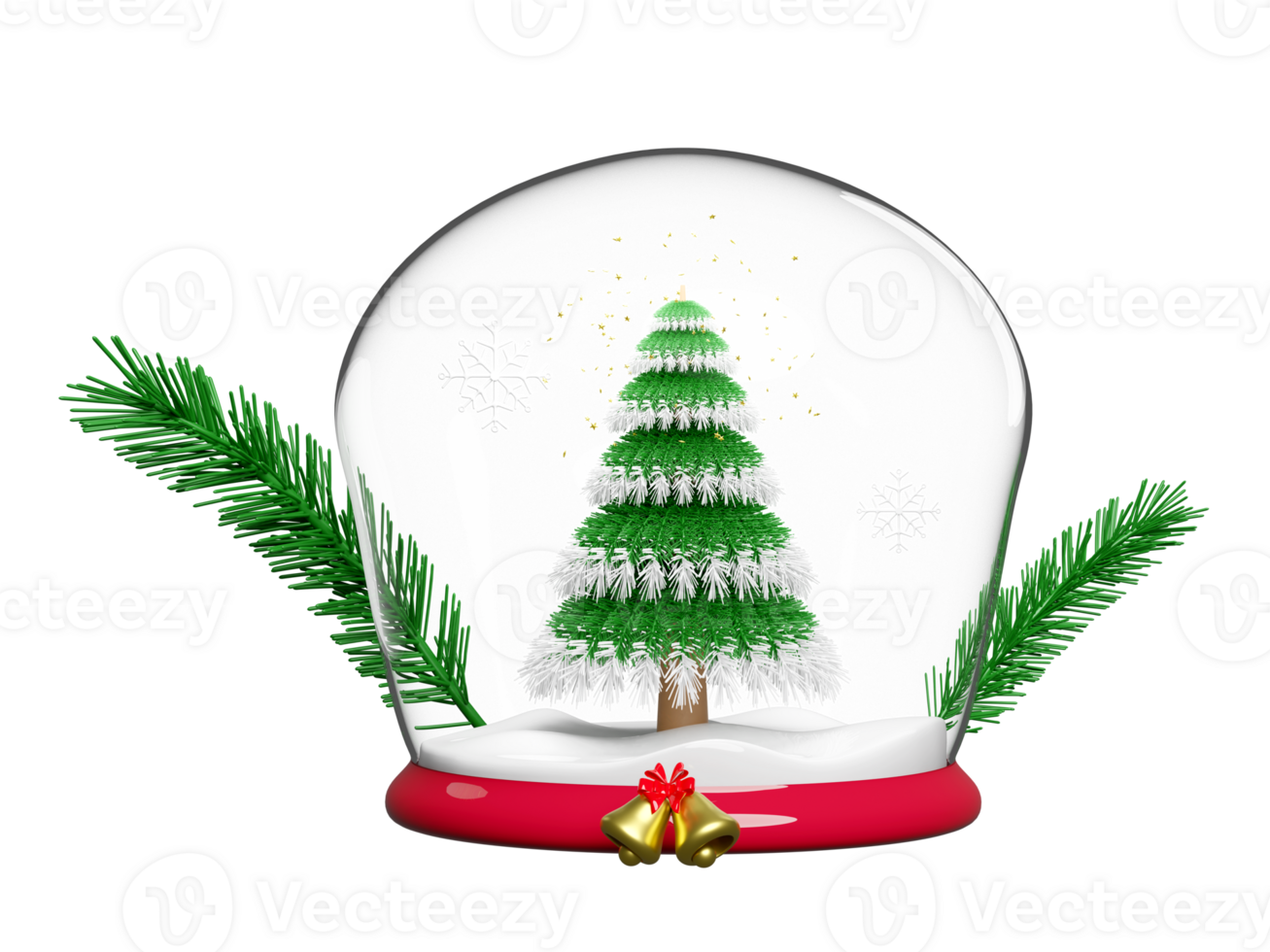 christmas glass dome with christmas tree, pine leaves, snowflake. merry christmas and festive New Year, 3d render illustration png