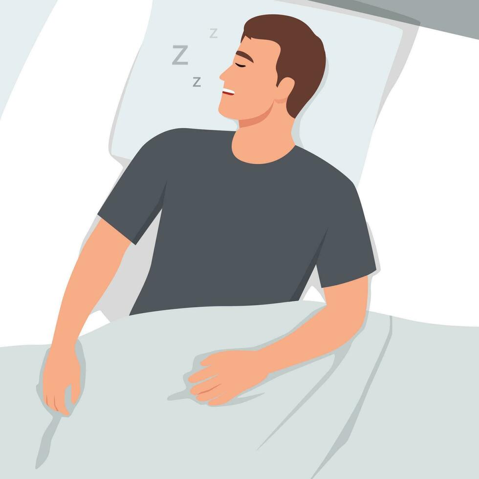 Man sleeping in bed - vector illustration of person lying in bedroom snoring and having a sleep.
