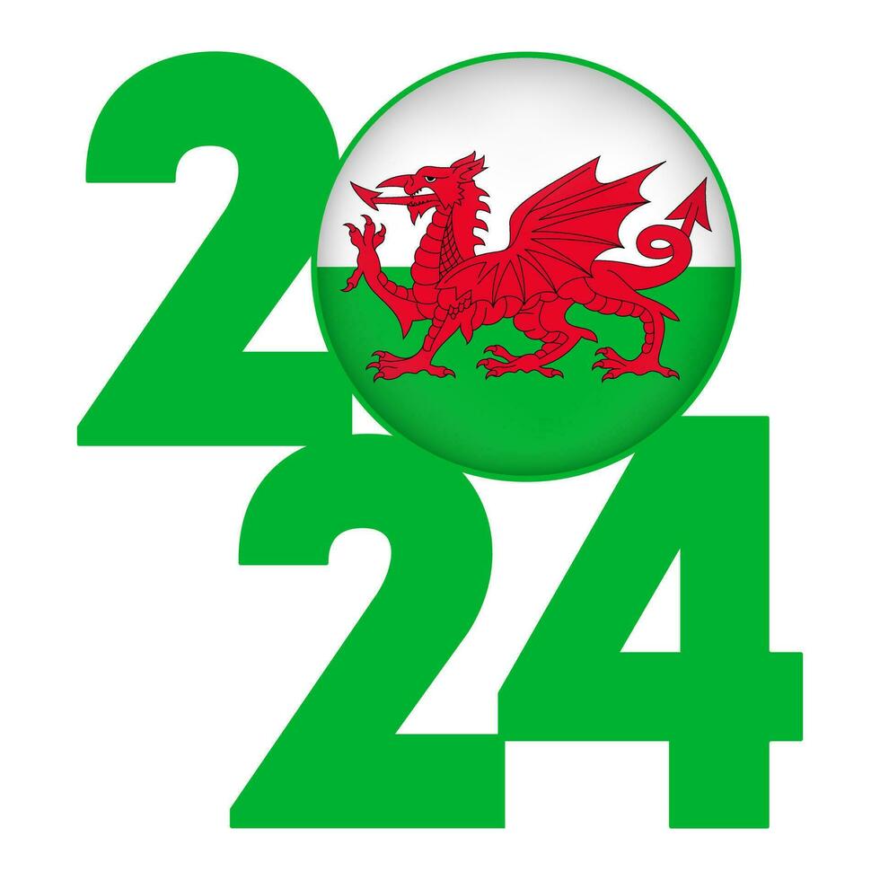 Happy New Year 2024 banner with Wales flag inside. Vector illustration.