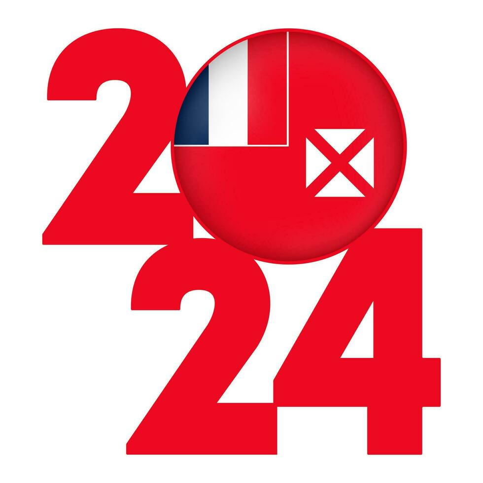 Happy New Year 2024 banner with Wallis and Futuna flag inside. Vector illustration.