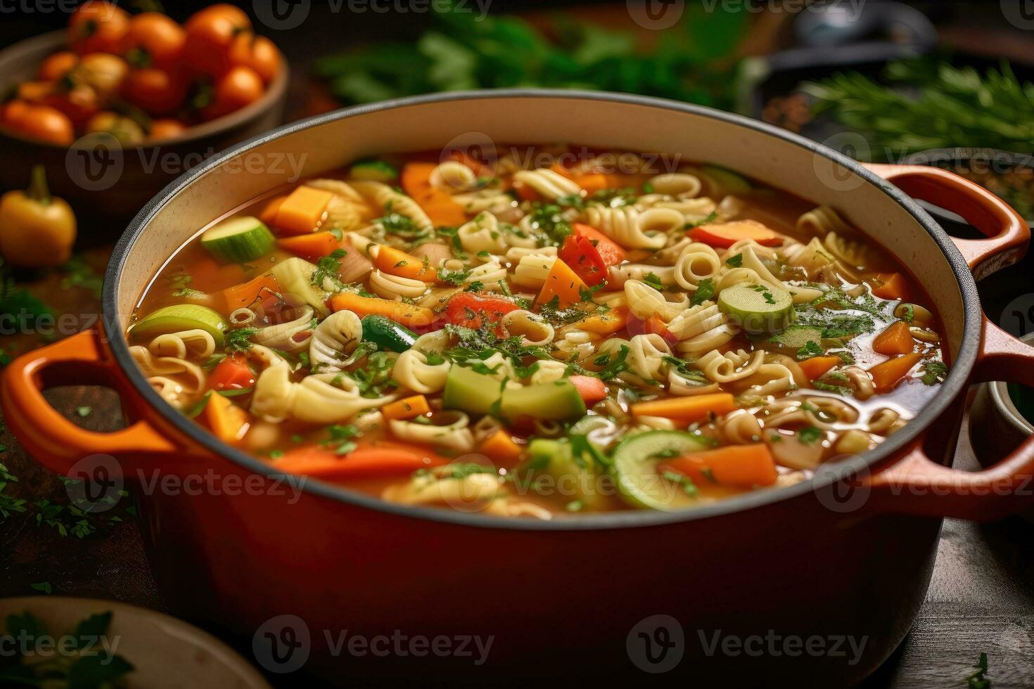 photos of vegetarian minestrone in indoor kitchen table photo studio AI Generated