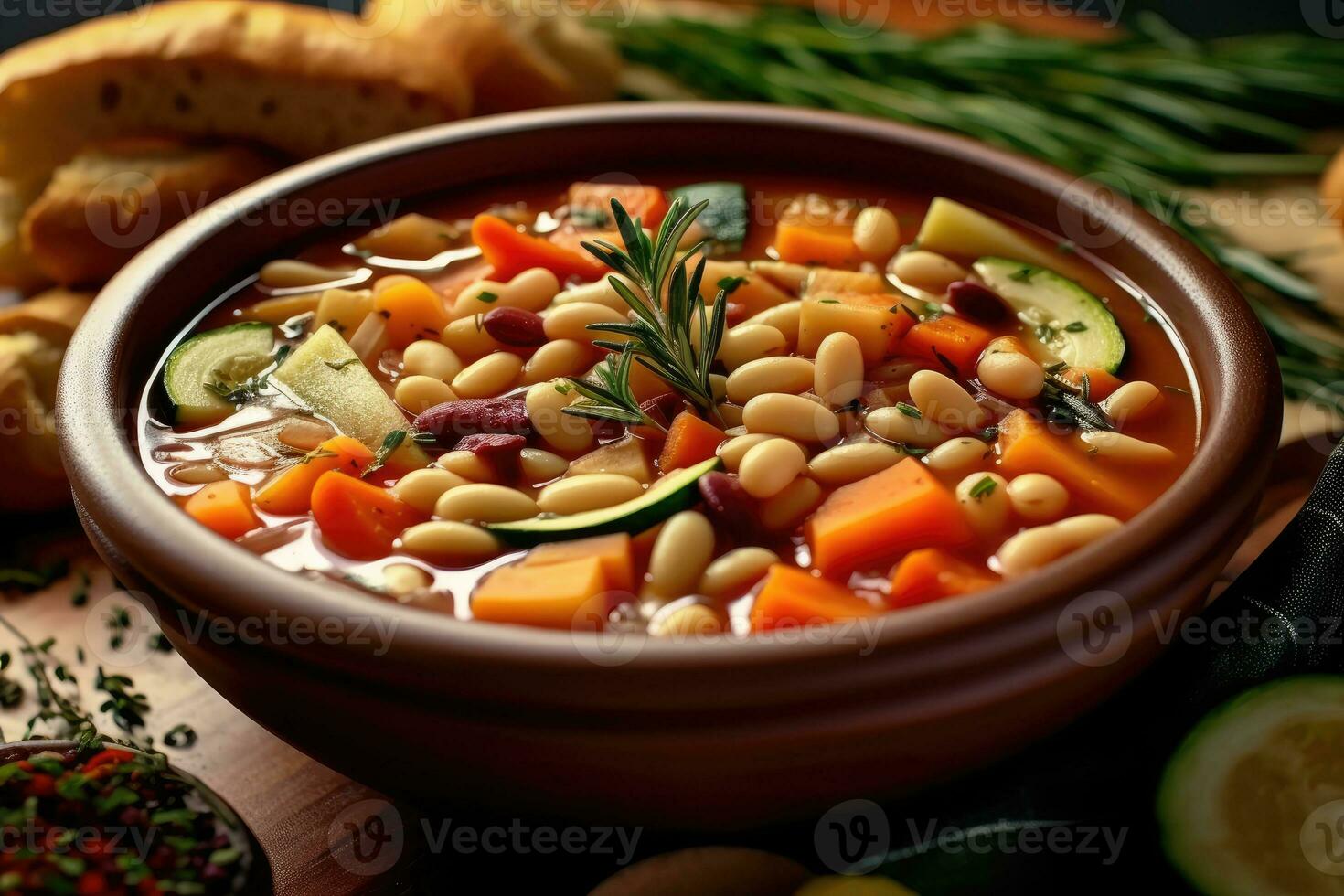 photos of vegetarian minestrone in indoor kitchen table photo studio AI Generated