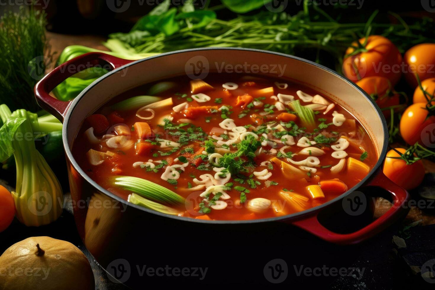 photos of vegetarian minestrone in indoor kitchen table photo studio AI Generated