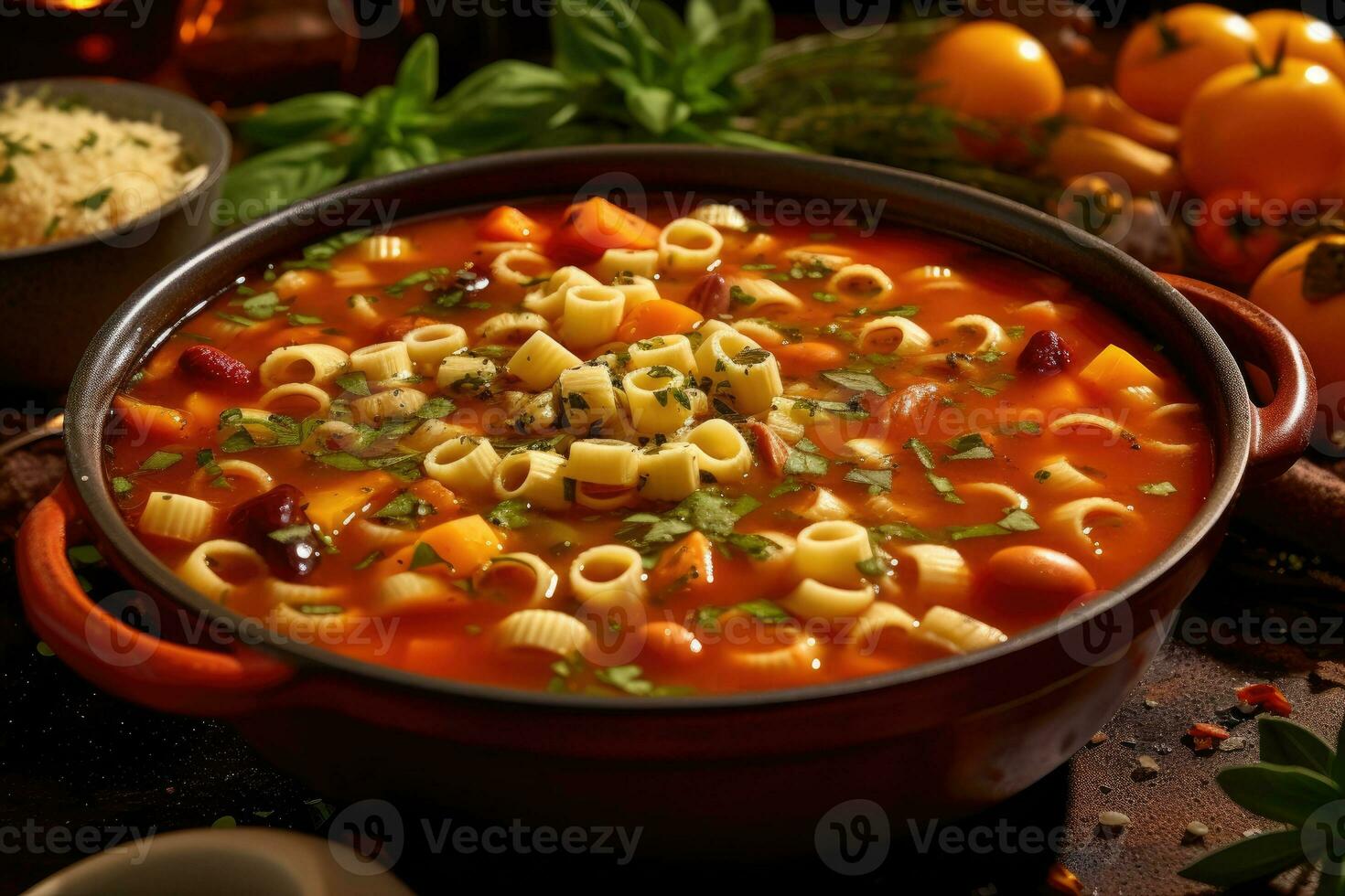 photos of vegetarian minestrone in indoor kitchen table photo studio AI Generated