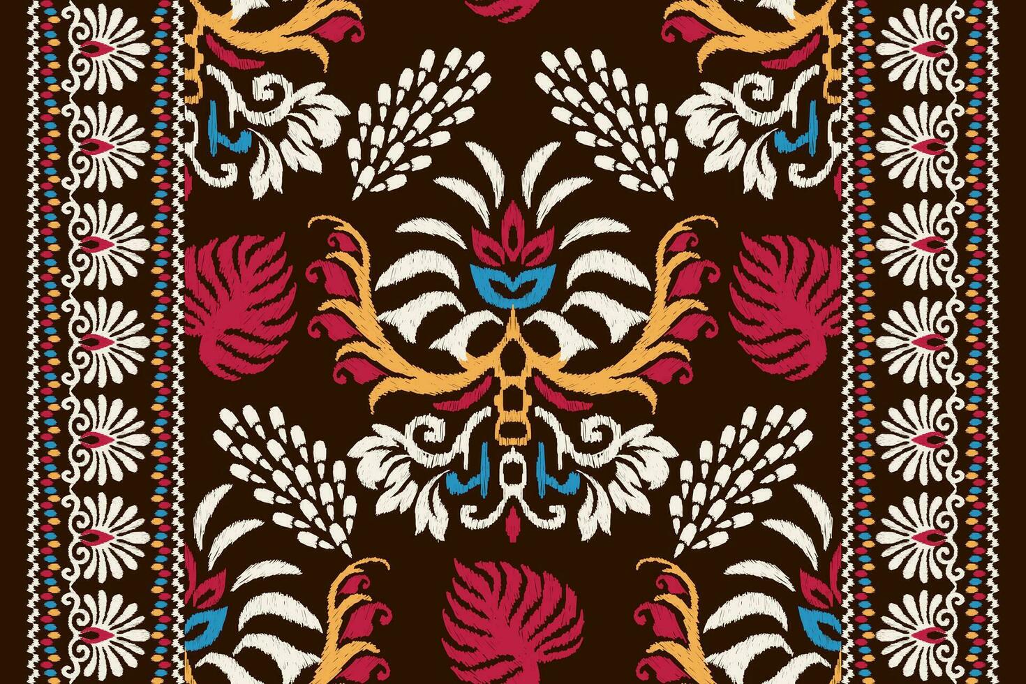 Ikat floral paisley embroidery on brown background.Ikat ethnic oriental pattern traditional.Aztec style abstract vector illustration.design for texture,fabric,clothing,wrapping,decoration,scarf,carpet
