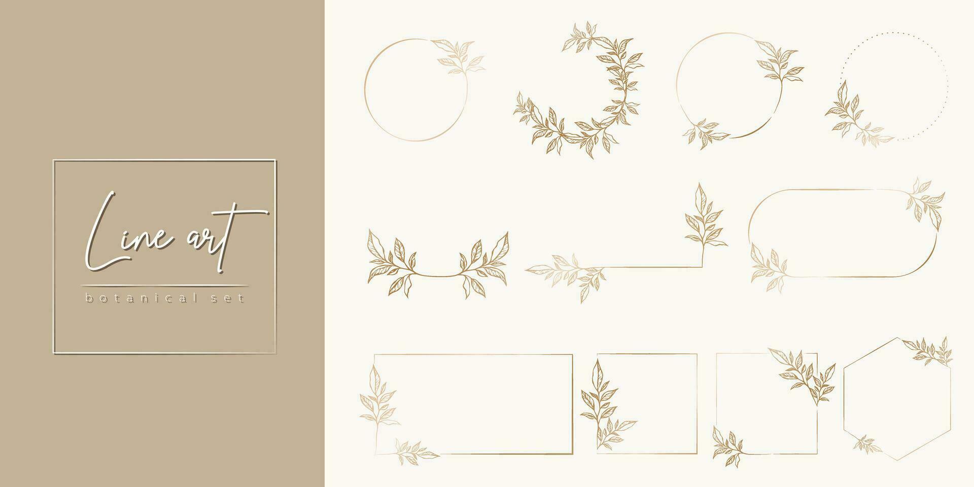 Botanical golden frame set. Hand drawn different shapes line border, leaves and flowers for wedding invitation and cards, logo design, social media and posters template. Elegant minimal floral vector. vector