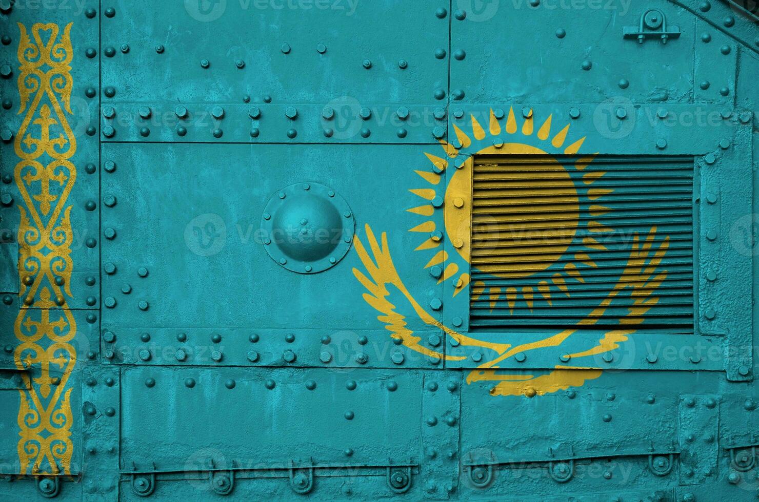 Kazakhstan flag depicted on side part of military armored tank closeup. Army forces conceptual background photo