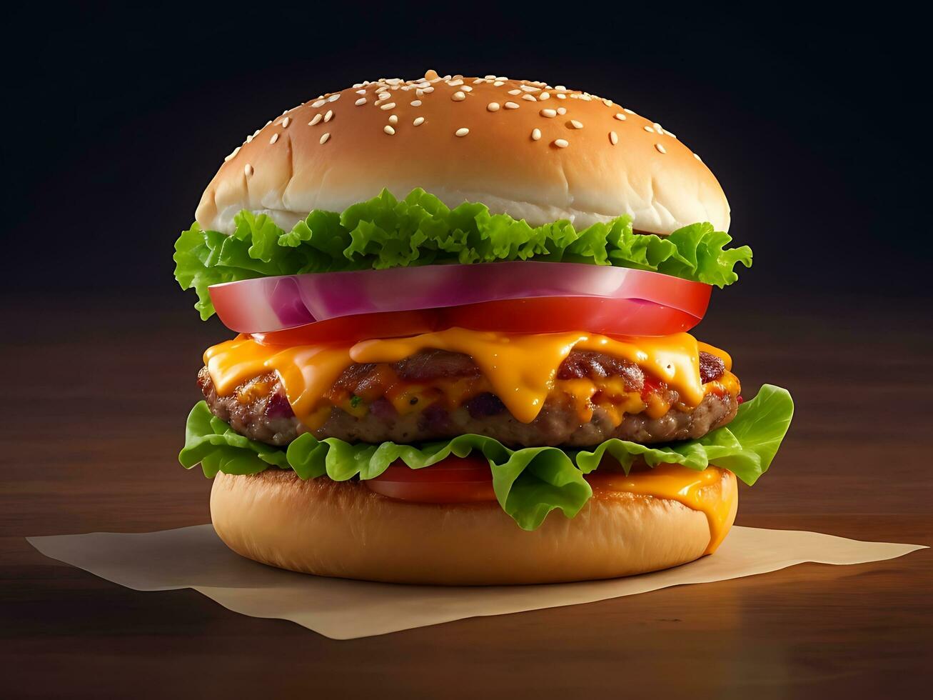 A delicious fresh burger fast food with beef and cheese background. AI Generative photo