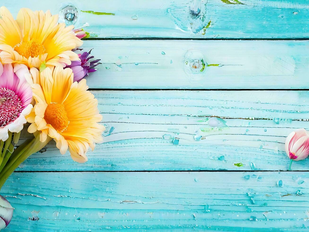 Composition of botanical flowers with a wooden background. AI Generative photo