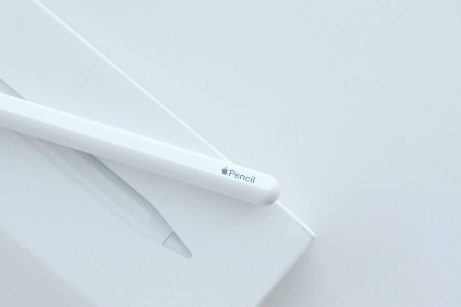 KYIV, UKRAINE - 4 MAY, 2023 New Apple pencil generation 2. Features a flat edge that attaches magnetically for automatic charging and pairing photo