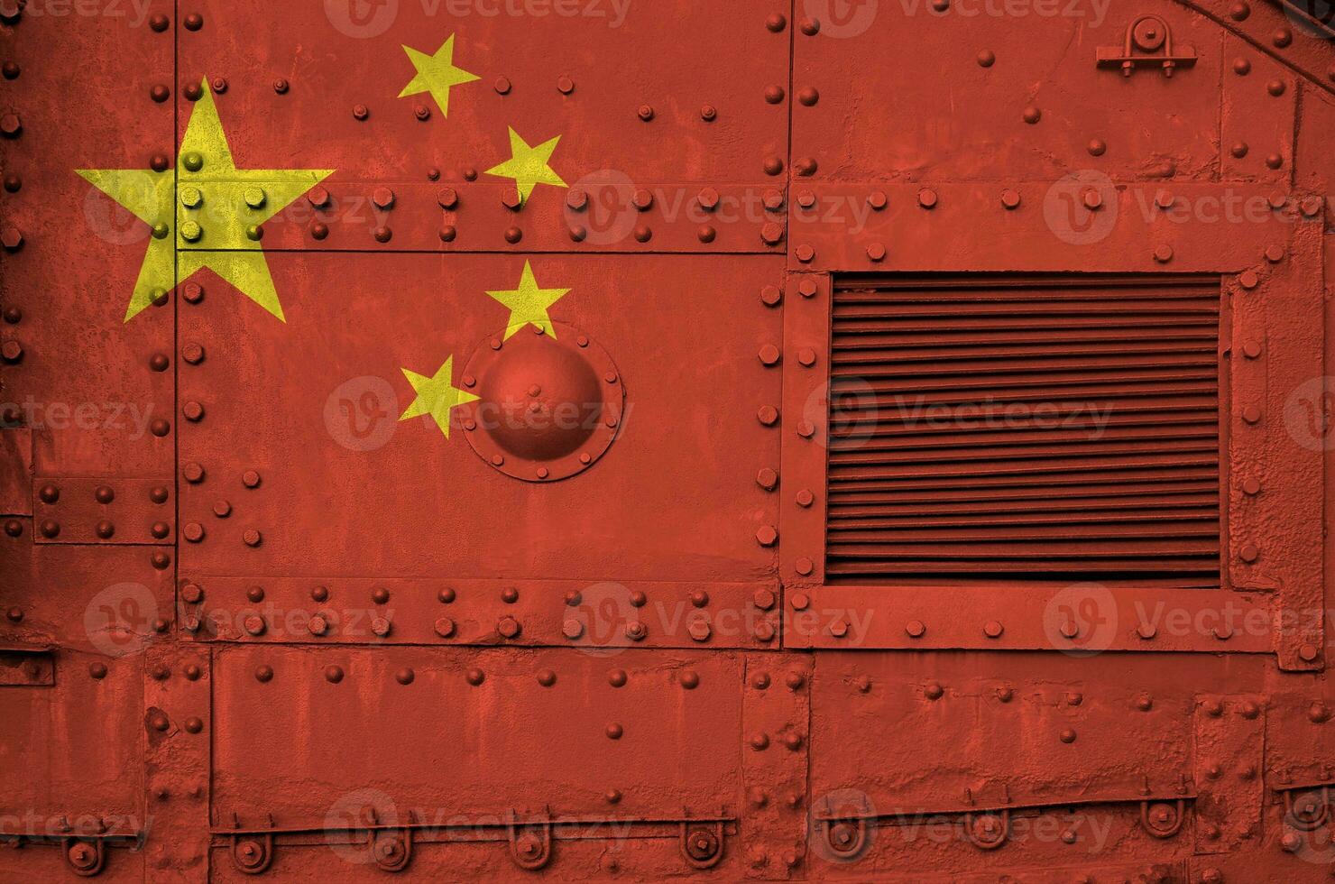 China flag depicted on side part of military armored tank closeup. Army forces conceptual background photo