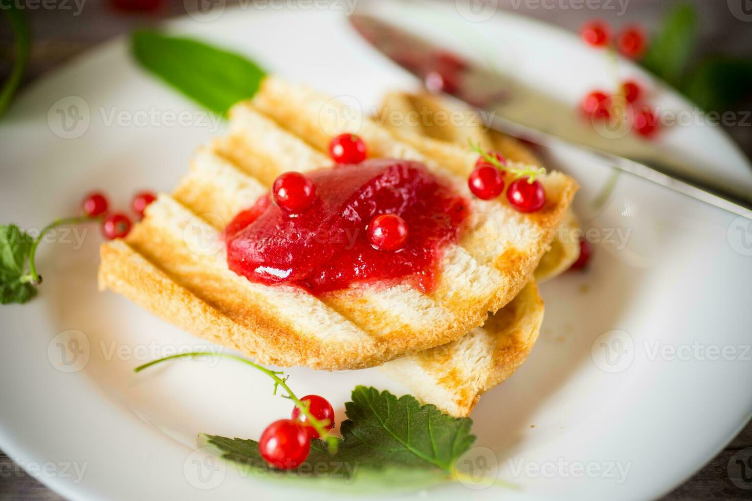 fried bread croutons for breakfast with redcurrant jam in a plate with berries photo